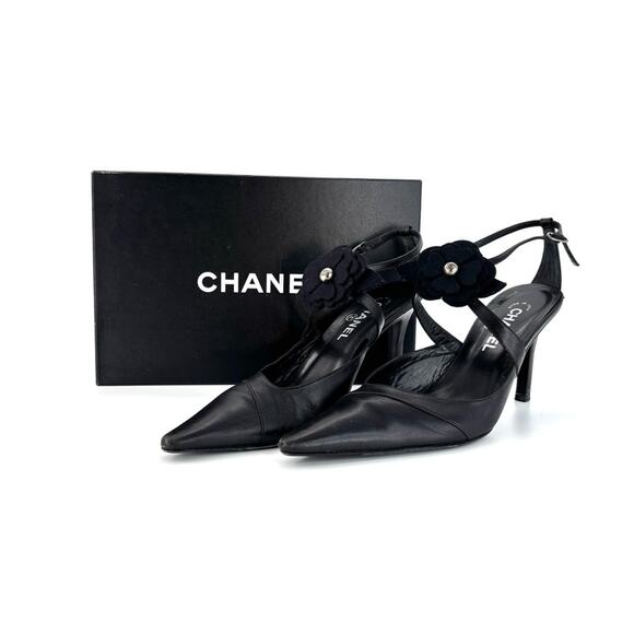 Chanel Retro Vintage CC Logo Camellia Slingback Ankle Strap Pointed Toe Pumps 40 - Picture 2 of 12